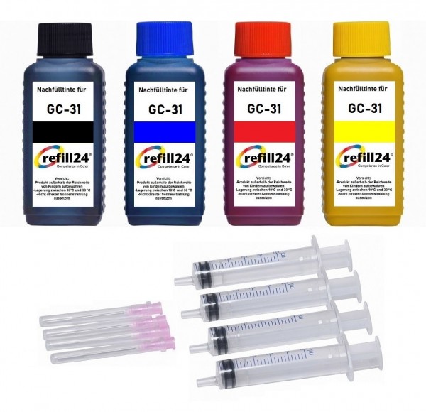 refill24 Nachfüllset für Ricoh Tintenpatronen GC-31 black, cyan, magenta, yellow - 4 x 100 ml Tinte