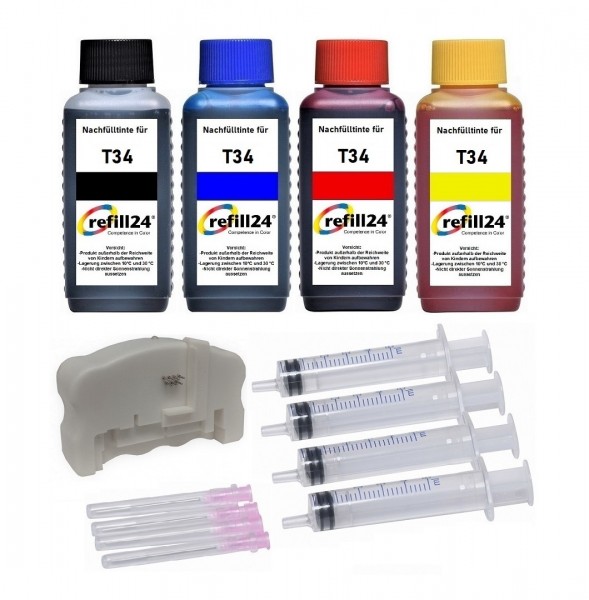 refill24 Nachfüllset 400 ml Nachfülltinte + Chipresetter für Epson Tintenpatronen T34, T34XL