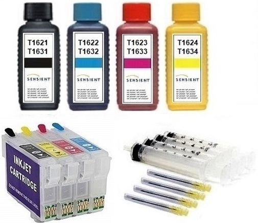 Wiederbefüllbare Tintenpatronen wie Epson T1631-T1634, T16 XL + 400 ml SENSIENT Tinten