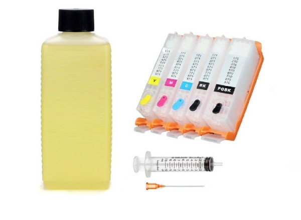 5 wiederbefüllbare Tintenpatronen Canon PGI-570 &amp; CLI-571 + 500 ml Reinigungslösung
