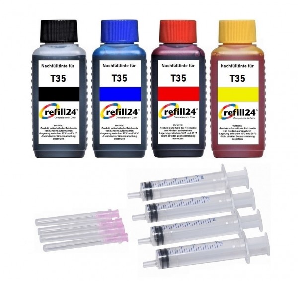 refill24 Nachfüllset für Epson Tintenpatronen T3581-T3584, T3591-T3594, T35XL - 4 x 100 ml Tinte