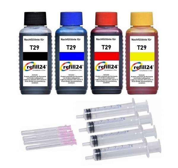 refill24 Nachfüllset für Epson Tintenpatronen T2981-T2984, T2991-T2994, T29XL - 4 x 100 ml Tinte
