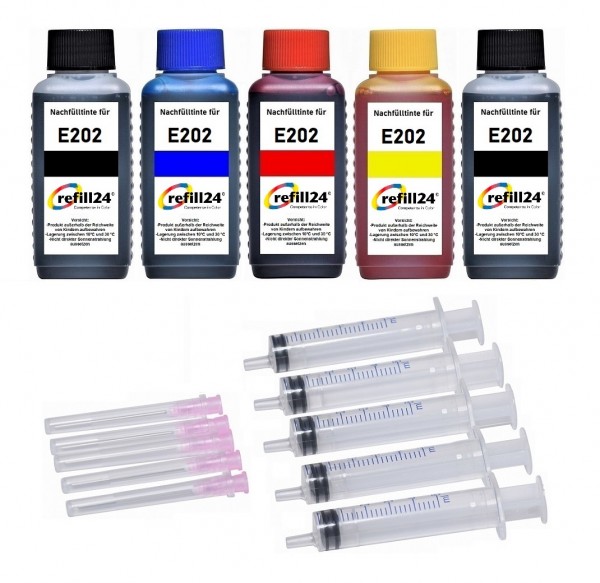 refill24 Nachfüllset für Epson Tintenpatronen 202, 202XL - 5 x 100 ml Nachfülltinte + Zubehör