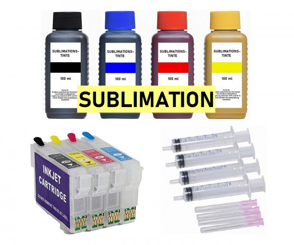 Wiederbefüllbare Tintenpatronen wie Epson T1281-T1284 + 4 x 100 ml Sublimationstinte