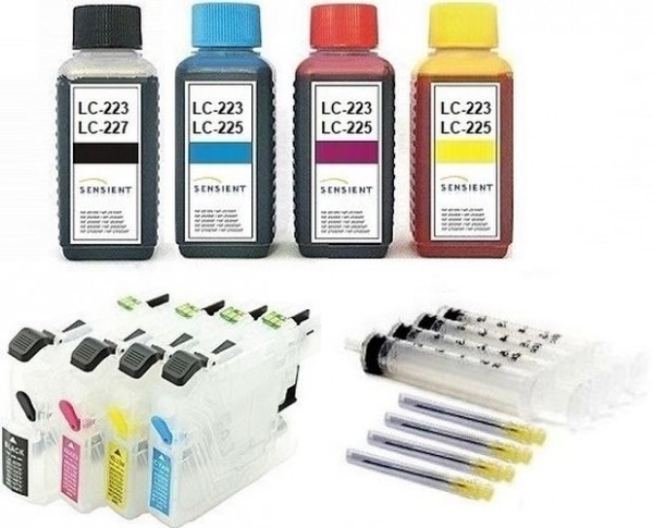 Wiederbefüllbare Tintenpatronen wie Brother LC-223, LC-225 + 400 ml SENSIENT Tinten