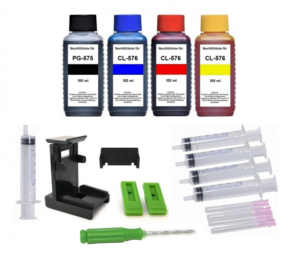 Nachfüllset für Canon Druckerpatronen PG-575 (XL) + CL-576 (XL) - 4 x 100 ml Nachfülltinte + Zubehör