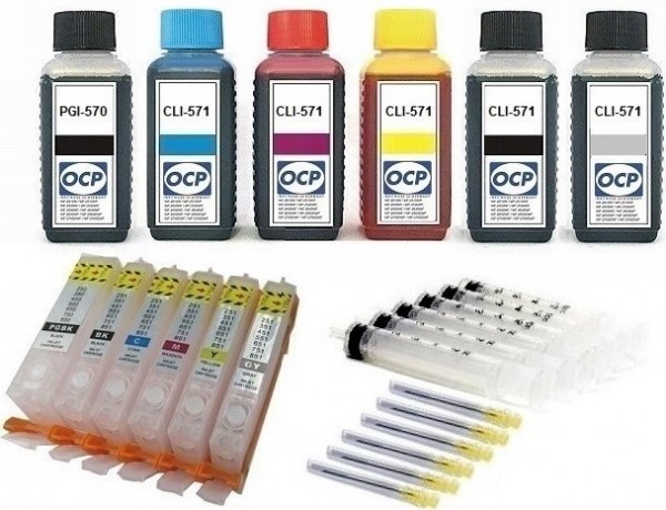 6 wiederbefüllbare Tintenpatronen wie Canon PGI-570 &amp; CLI-571 + 600 ml OCP Tinten