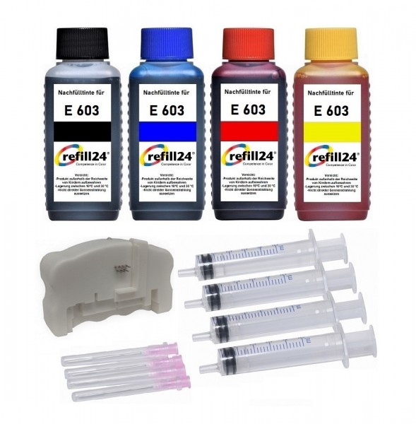 refill24 Nachfüllset 400 ml Nachfülltinte + Chipresetter für Epson Tintenpatronen 603, 603 XL