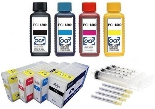 Wiederbefüllbare Tintenpatronen wie Canon PGI-1500 + 4 x 100 ml OCP Tinten