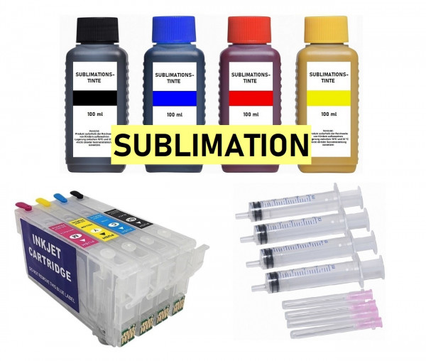 Wiederbefüllbare Tintenpatronen wie Epson T35, T35XL + 4 x 100 ml Sublimationstinte
