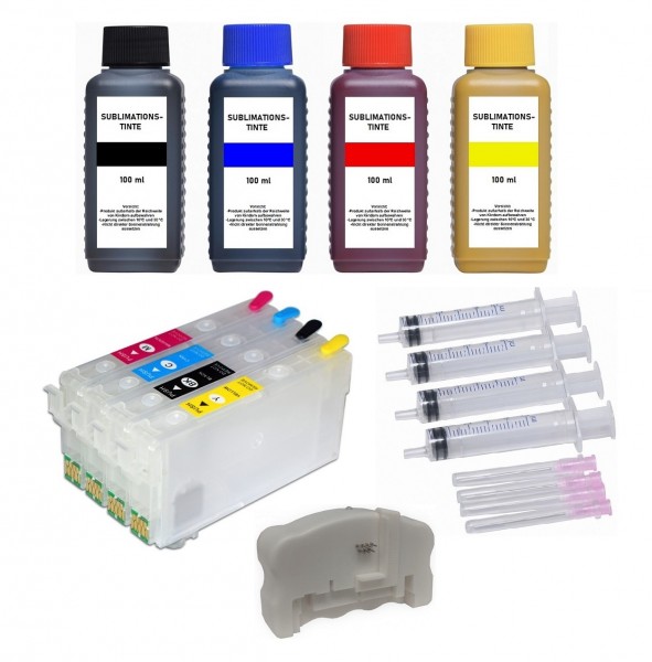 Wiederbefüllbare Tintenpatronen wie Epson 405XL + Chipresetter + 400 ml Sublimationstinte