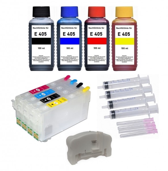 Wiederbefüllbare Tintenpatronen wie Epson 405XL MIT CHIPS + Chipresetter + 400 ml Nachfülltinte