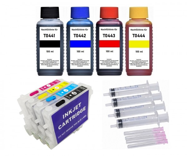 Wiederbefüllbare Tintenpatronen Epson T0441-T0444 + 400 ml Nachfülltinte
