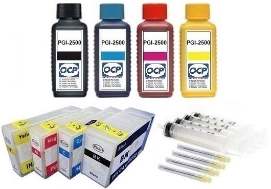 Wiederbefüllbare Tintenpatronen wie Canon PGI-2500 + 4 x 100 ml OCP Tinten