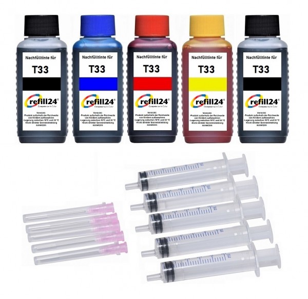 refill24 Nachfüllset für Epson Tintenpatronen T3351 + T3361 - T3364, T33XL - 500 ml Tinte + Zubehör