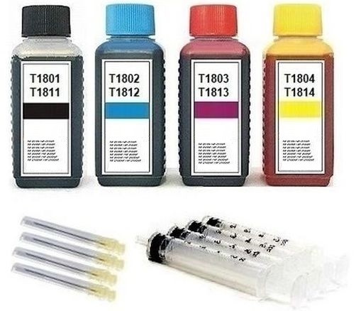 Nachfüllset für Epson Tintenpatronen T1801-T1804, T1811-T1814, T18 XL - 4 x 100 ml Tinte + Zubehör