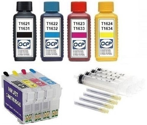 Wiederbefüllbare Tintenpatronen wie Epson T1631-T1634, T16 XL + 400 ml OCP Tinten