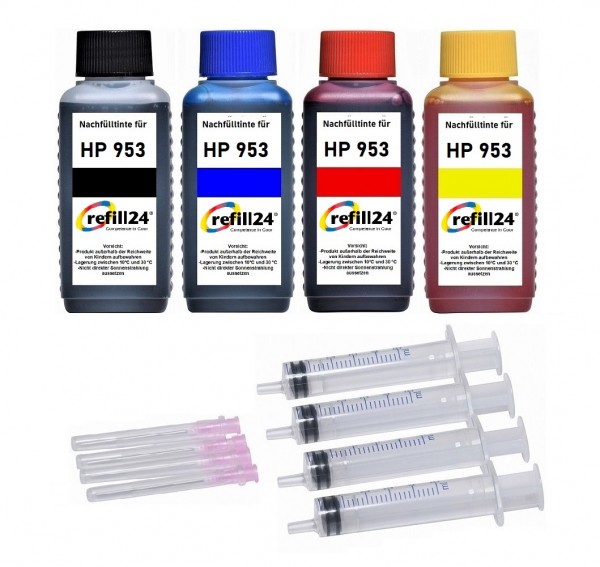 refill24 Nachfüllset für HP 953 (XL) black, cyan, magenta, yellow Druckerpatronen - 4 x 100 ml Tinte