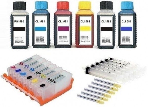 6 wiederbefüllbare QUICKFILL-FILL-IN Patronen wie Canon PGI-580 & CLI-581 + 600 ml Nachfülltinte