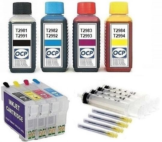 Wiederbefüllbare Tintenpatronen wie Epson T2991-T2994, T29 XL + 400 ml OCP Tinten