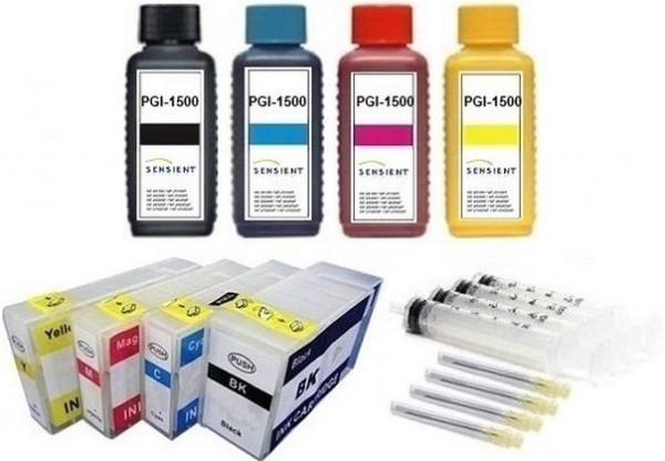 Wiederbefüllbare Tintenpatronen wie Canon PGI-1500 + 4 x 100 ml SENSIENT Tinten