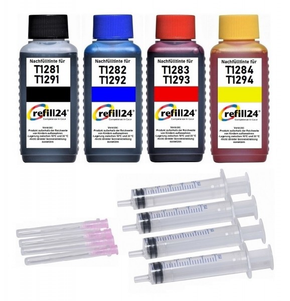refill24 Nachfüllset für Epson Tintenpatronen T1281-T1284 + T291-T1294 - 4 x 100 ml Nachfülltinte